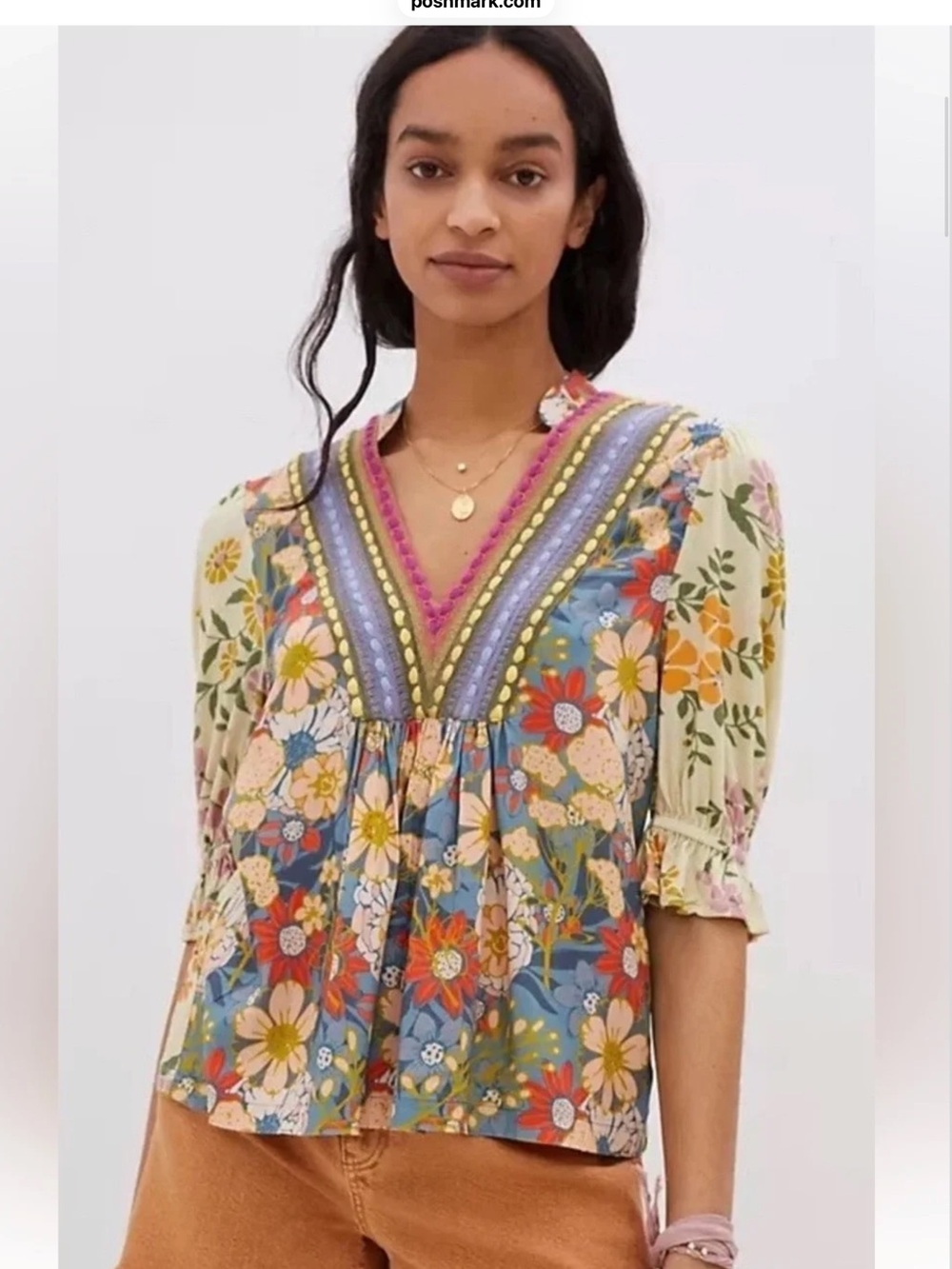 Blank London for Anthropologie Floral V-Neck Peasant Blouse in Multicolor Size S